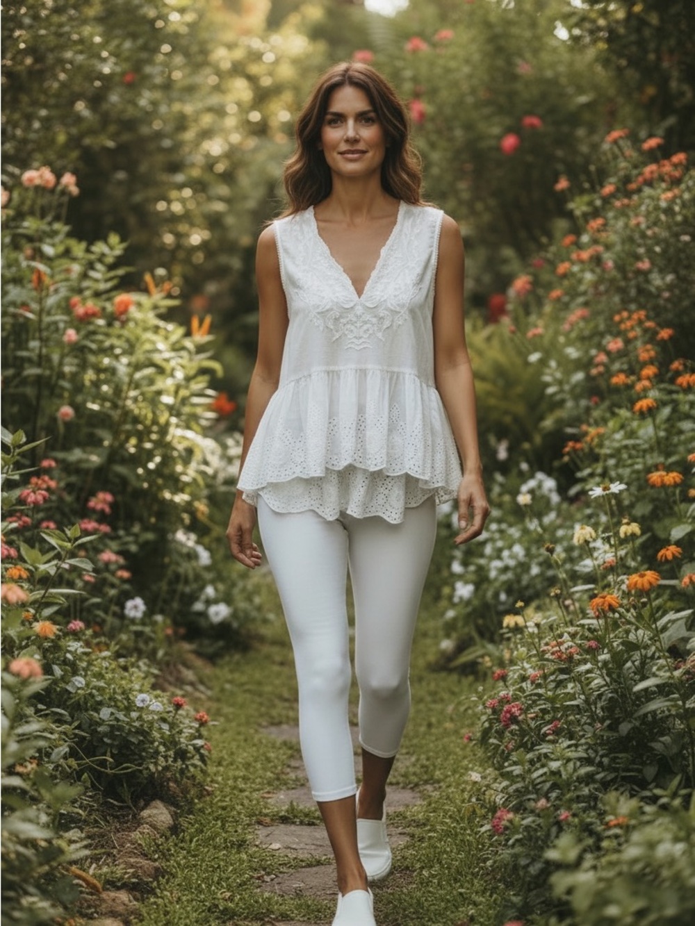 Atelier max White Embroidered Sleeveless Peplum Top